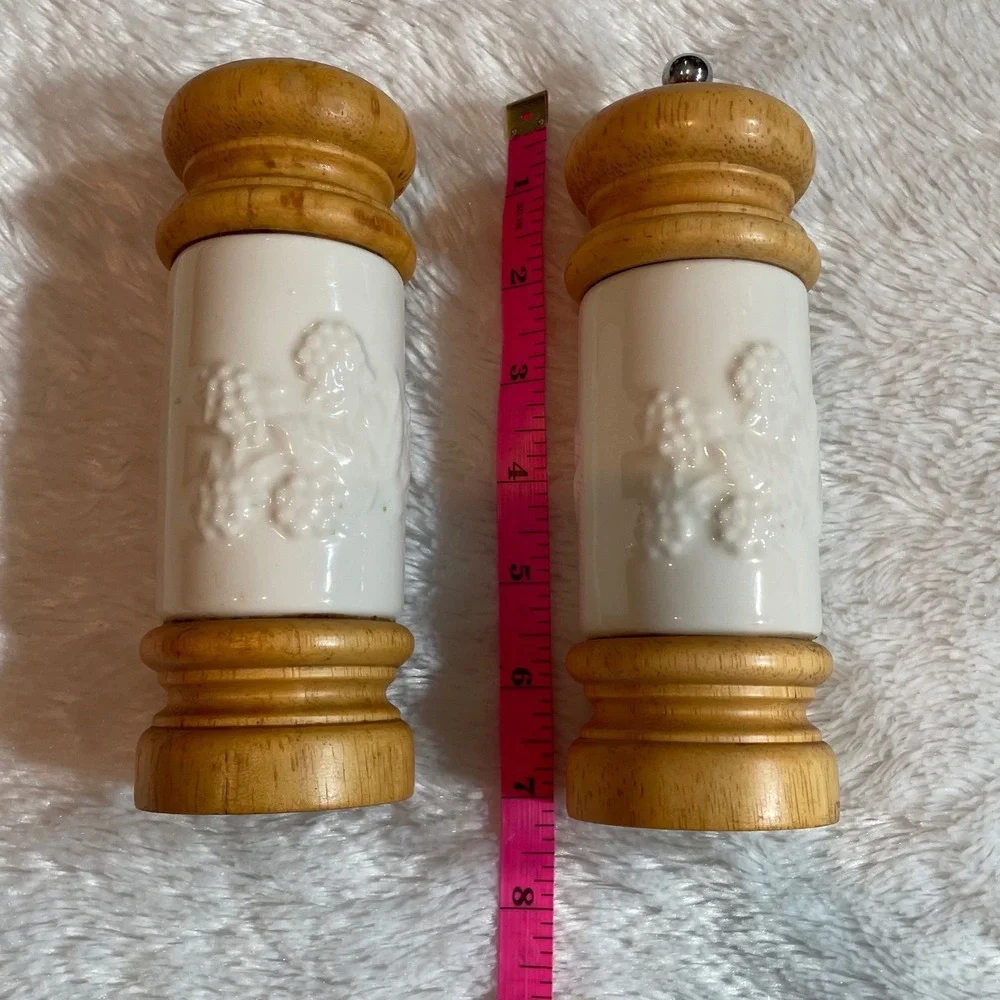 Mr. Dudley Ceramic Wood Salt Shaker and Pepper Mill Set Grape Motif Cottagecore